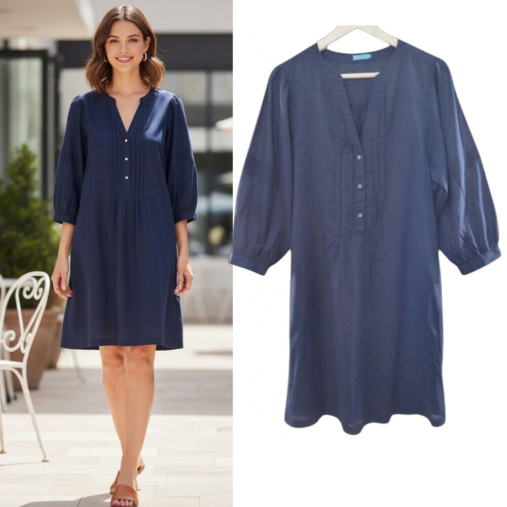 J. McLaughlin Blue Cotton 3/4 Puff Sleeve Button Front Shift Dress Sz L Pockets